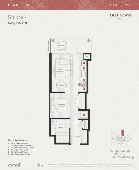 Floor plan for studio, 1 bath, 515 sqft